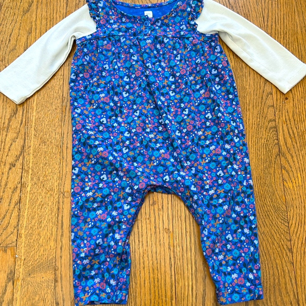 Tea collection baby girls floral blue flower long sleeve romper outfit size 6/9m